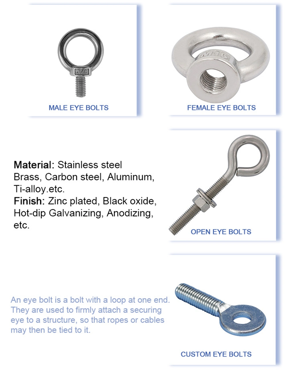 Machinery Fastener 316 Stainless Steel Hilti Lifting Swivel Eye GB45 Anchor Anchoring Carriage Oval Bolt with Nut Scaffolding M3 Pigtail Eyebolt